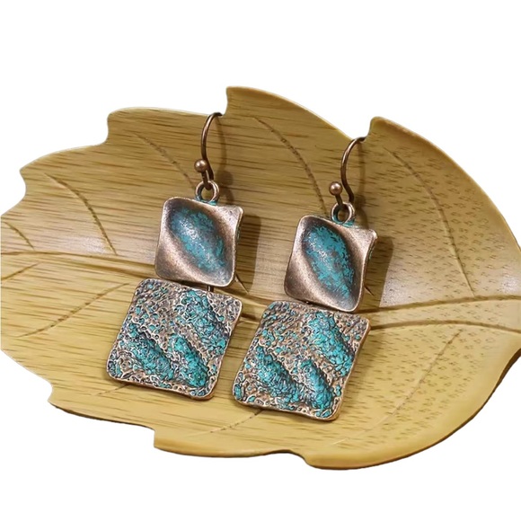 Bronze and Turquoise Square Drop Earrings - Picture 7 of 7